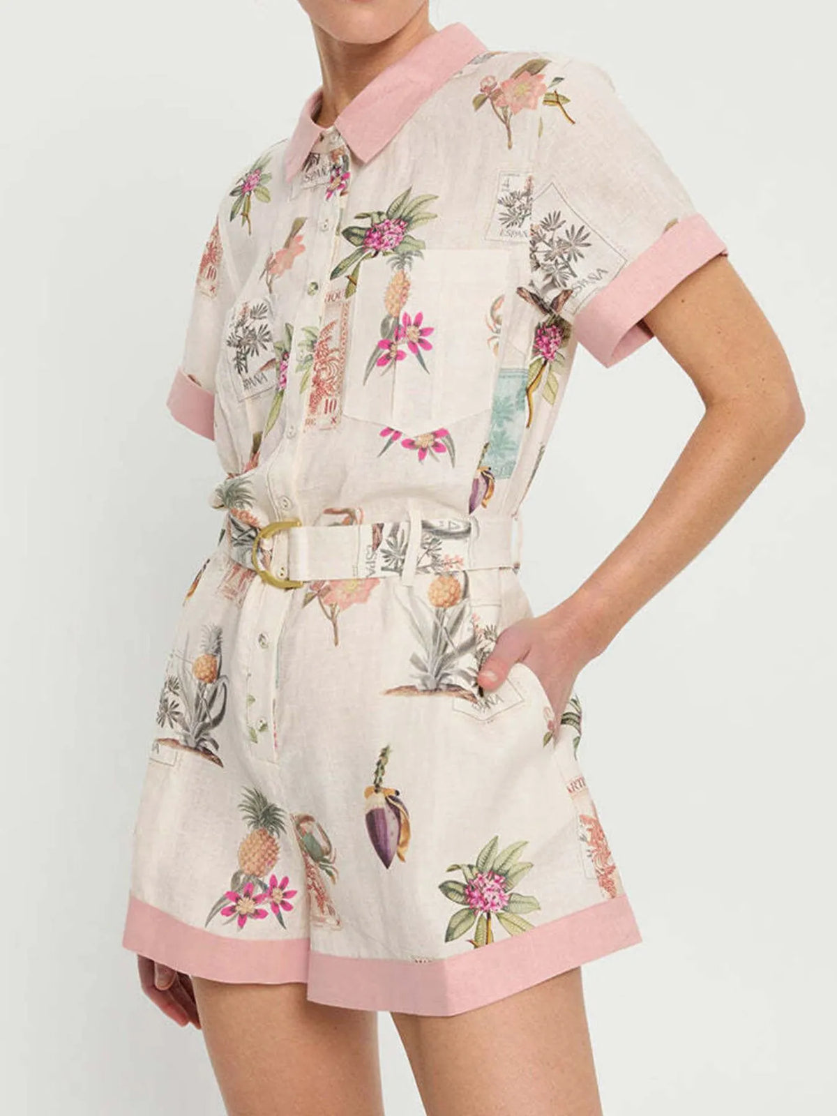 Printed Short Sleeve Romper with Belt