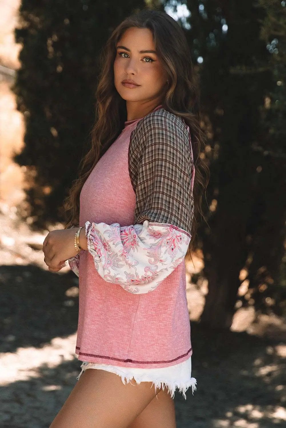 Sweaters Love Salve Fushia Patchwork Top Women's Casual Knit Top: Ribbed & Raglan