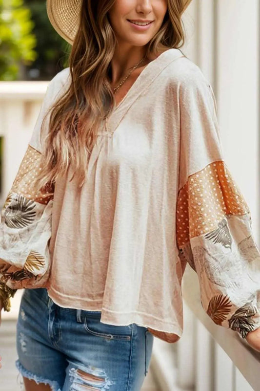 Blusa estampada de mujer con cuello en V - Manga larga - Elegante y versátil