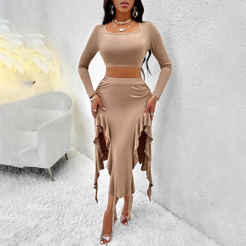 Women's Long Sleeve Round Neck Pleated Dress Suit - Solid Color Elegant Ruffle Outfit