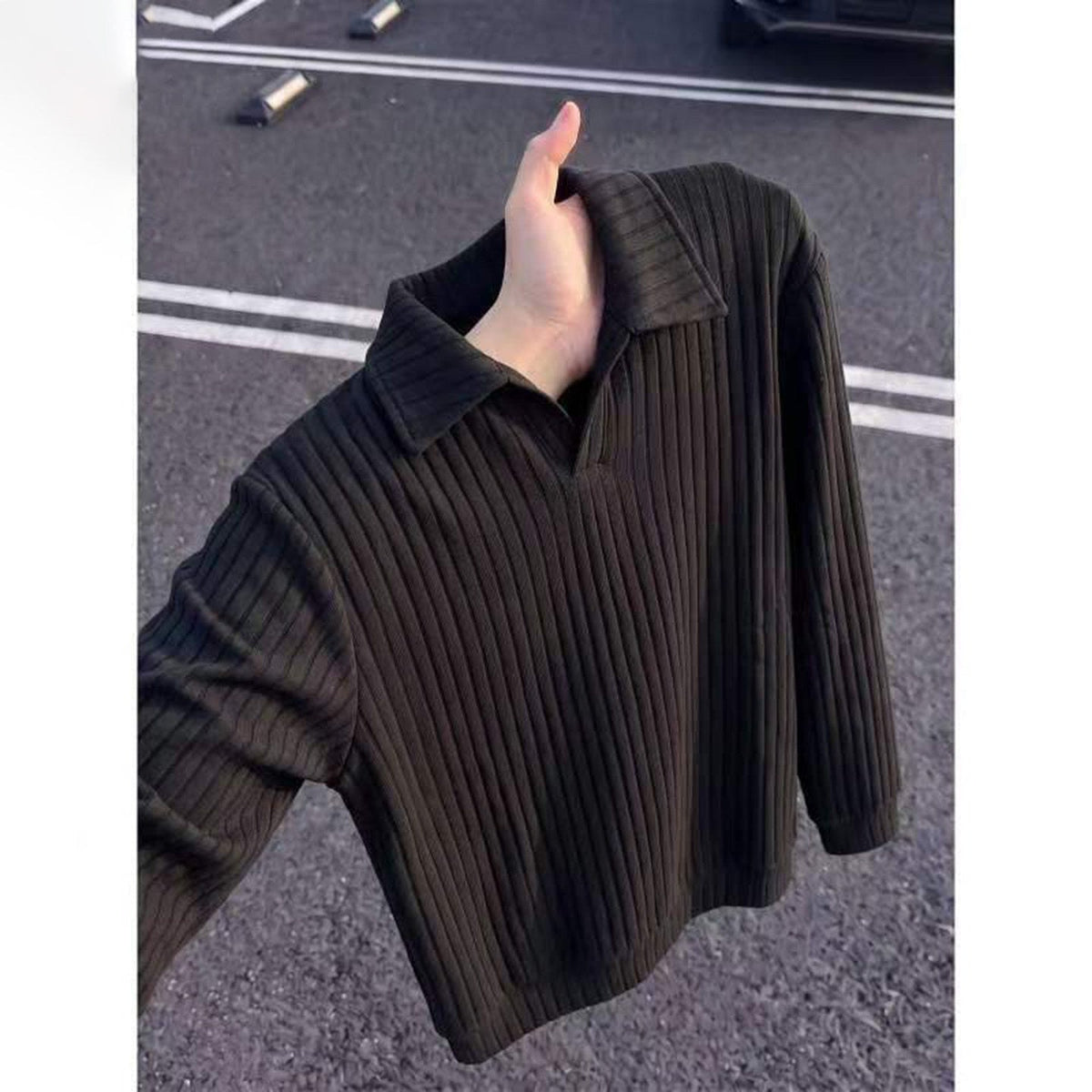 Old-money-style Vertical-striped Knit Mens American-style Long-sleeve Sweatshirt