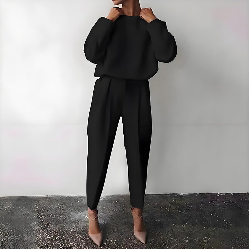 Conjunto de 2 piezas de color liso para mujer: top de manga larga y pantalón plisado para estar en casa