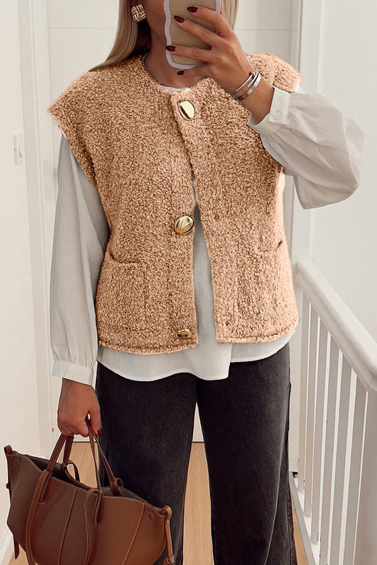 Chaleco con bolsillo mullido y botón grande, color beige francés claro
