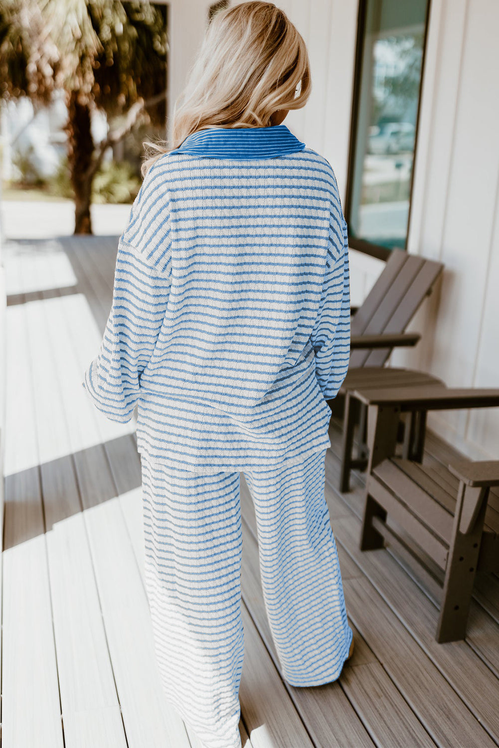 Conjunto de Top de Manga Larga con Cuello Texturizado a Rayas Azul Cielo y Pantalones con Cordón
