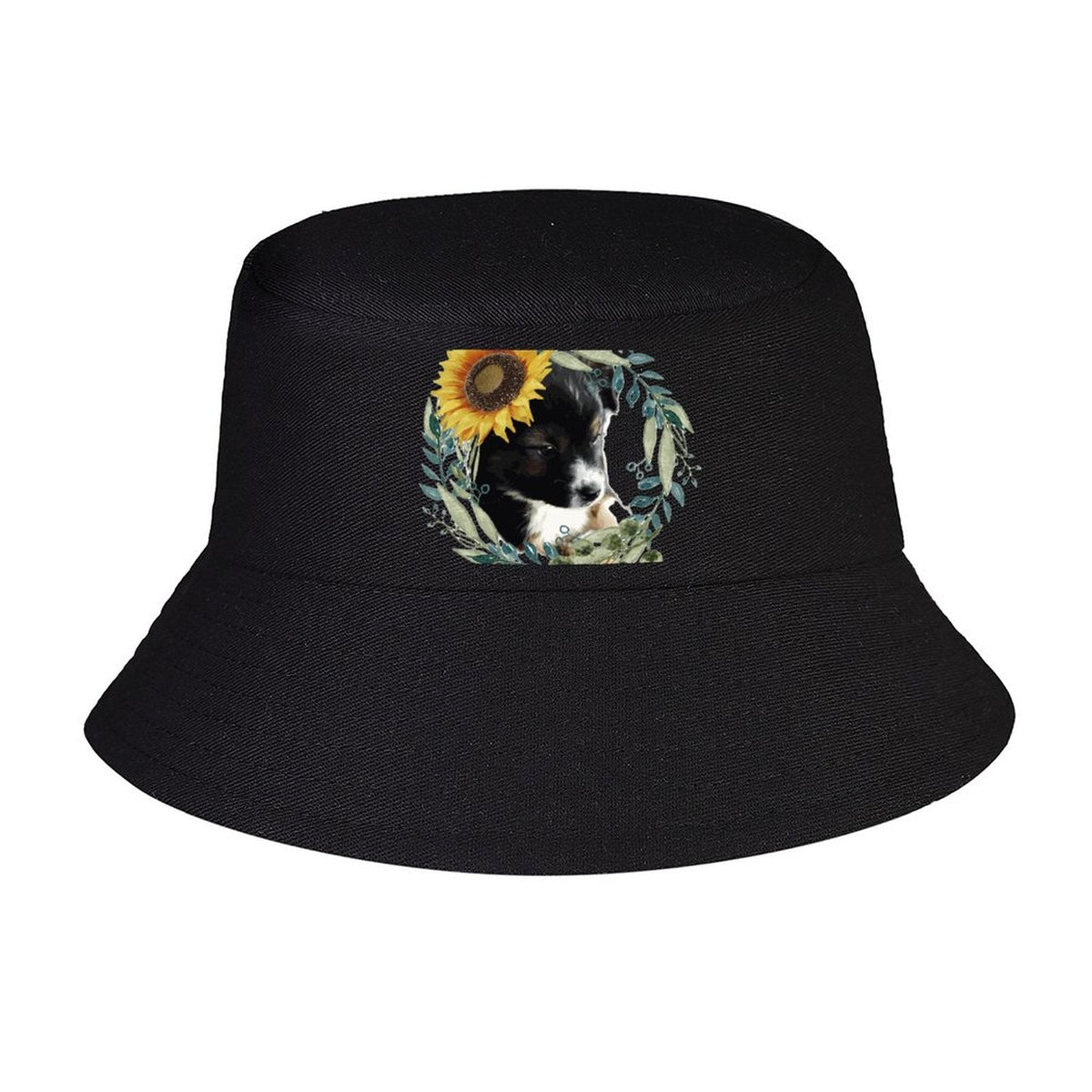 Black Bucket Hat with Cute Puppy for Women & Men (Front Printing)