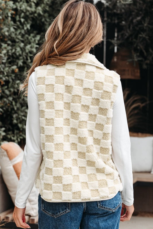 Checker Sherpa Snap Button Vest Jacket With Pocket See size chart under “more details”