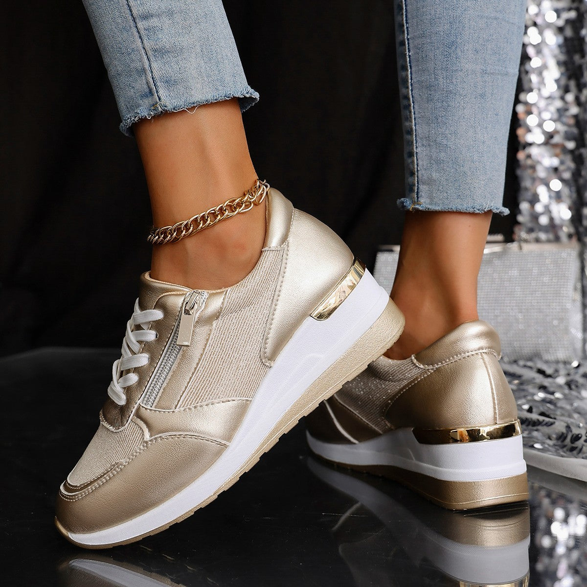 Women's Lace-up Side Zip Design Thick-soled Casual Shoes Sneakers