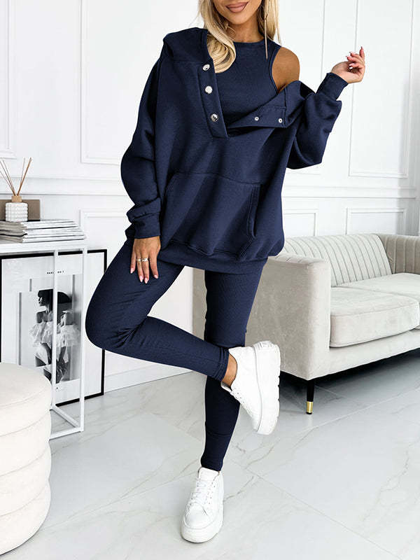 Sudadera informal con capucha, chaleco ajustado con hilo engrosado y pantalones, conjunto de tres piezas. Consulta la tabla de tallas en "más detalles".