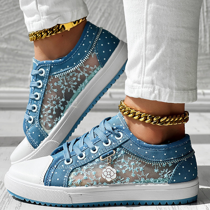 Zapatillas Informales de Lona con Estampado de Lunares y Bordado Floral para Mujer