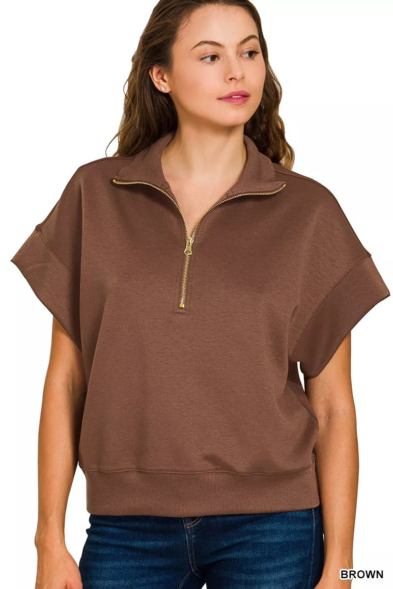 Zenana Full Size Scuba High Neck Half Zip Short Sleeve Top Plus Size in Brown