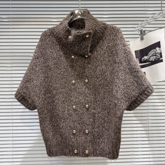 Vintage-style Womens Turtleneck Knit Sweater With Double-breasted Metal Buttons