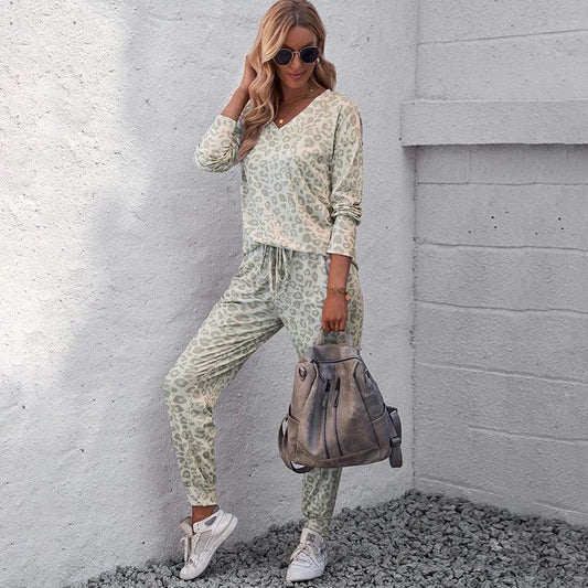V-neck Long Sleeve Top Trousers Suit Printed Loose Pajamas For Women