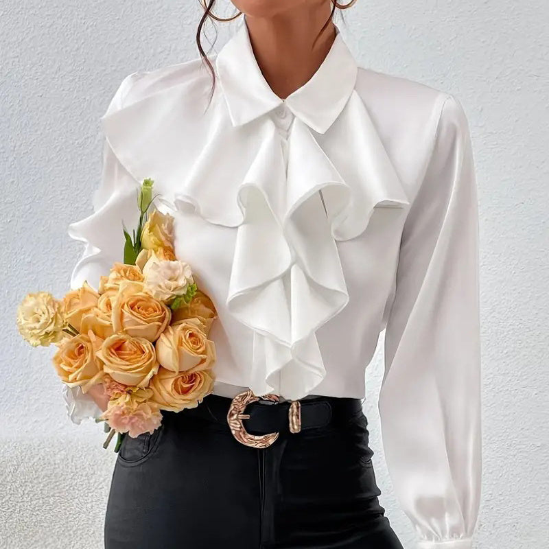 Blusa de mujer con cuello con volantes | Top de trabajo elegante de manga larga