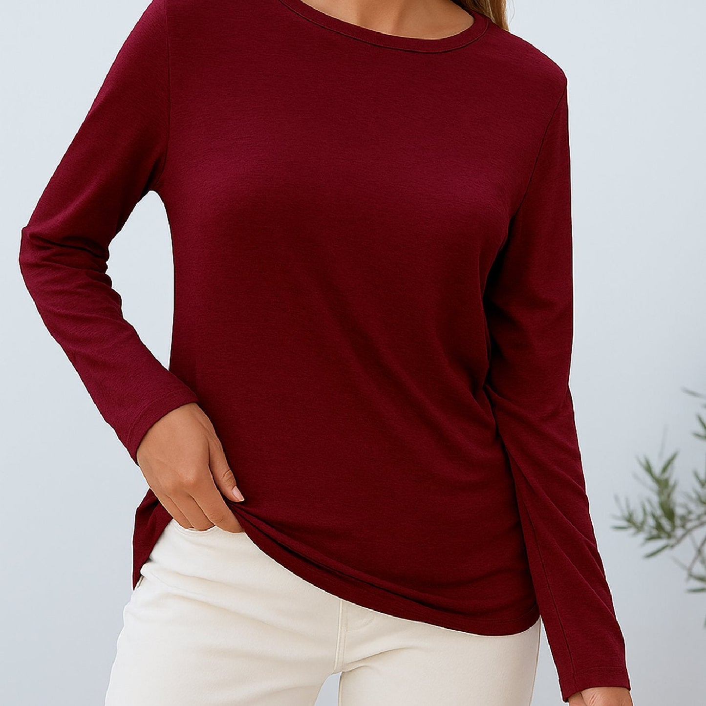 Camiseta de manga larga con cuello redondo, elástica y transpirable para mujer -
