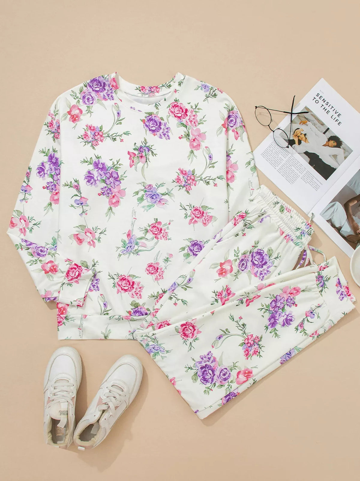 Floral Print Round Neck Top and Drawstring Pants Lounge Set
