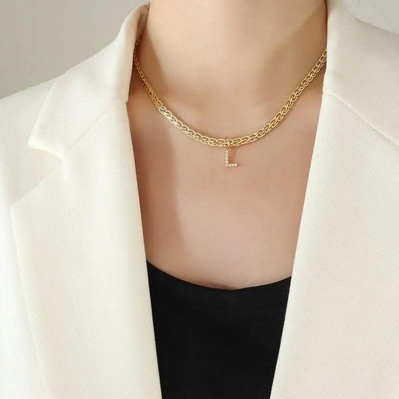 T-Shirts Trendsi Necklaces - Brass zircon letter pendant necklace