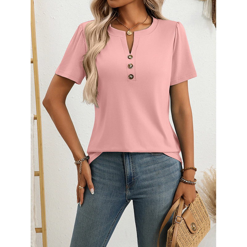 Camisa túnica de manga corta y cuello de pico con muesca para mujer