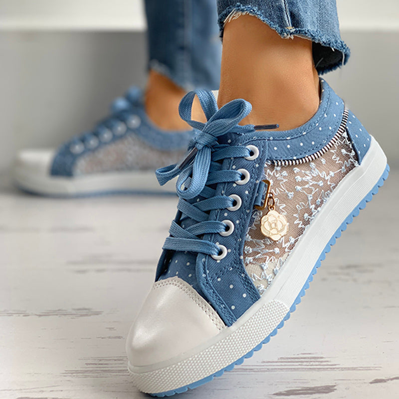 Zapatillas Informales de Lona con Estampado de Lunares y Bordado Floral para Mujer