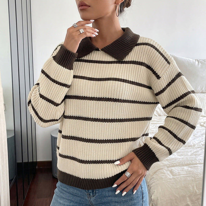 Womens Knitted Top Long-Sleeve Striped Sweater