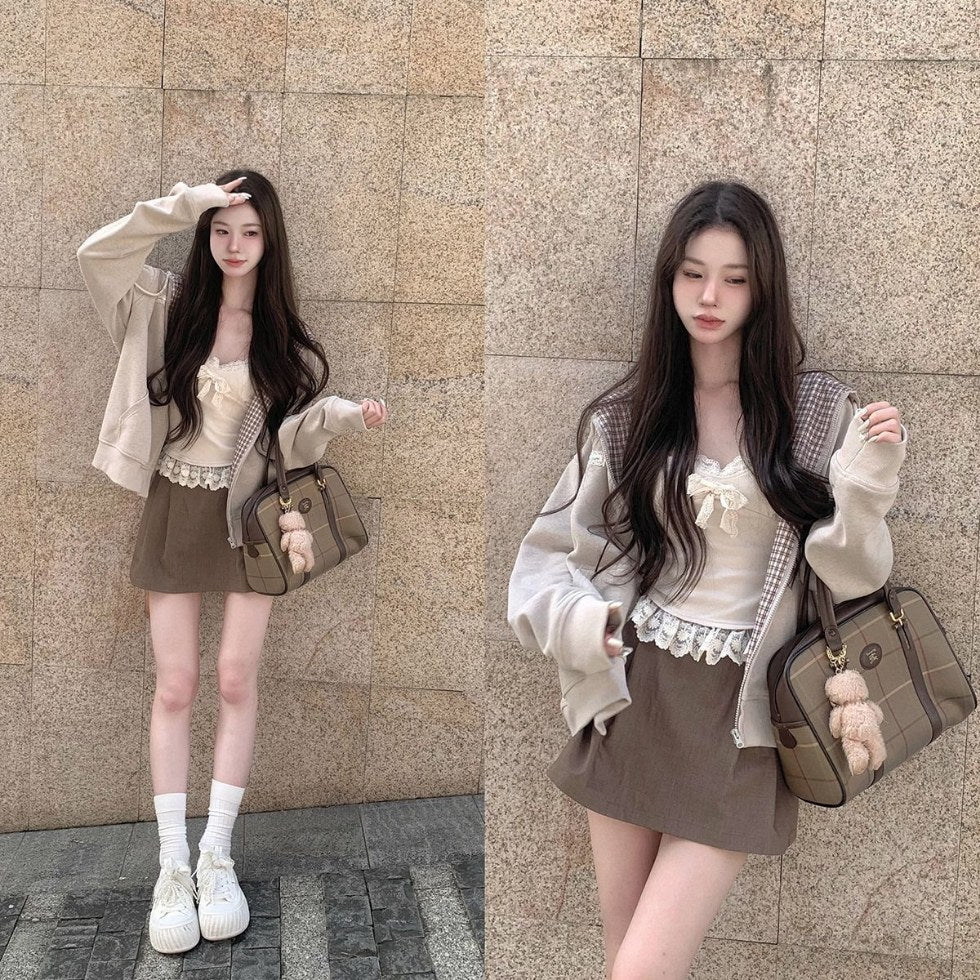 Plaid Loose-fit Cardigan Long-sleeve Zip-up Hoodie Jacket