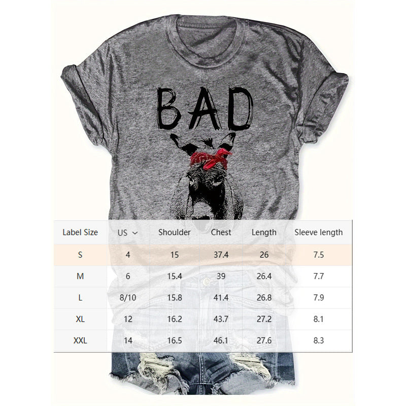 Camiseta casual de manga corta con estampado de letras de animales para mujer