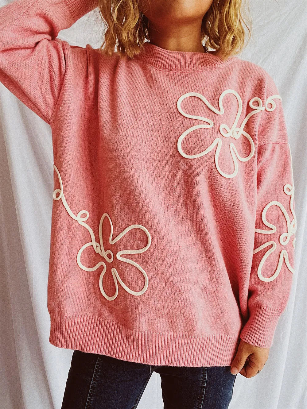 Flower Round Neck Long Sleeve Sweater