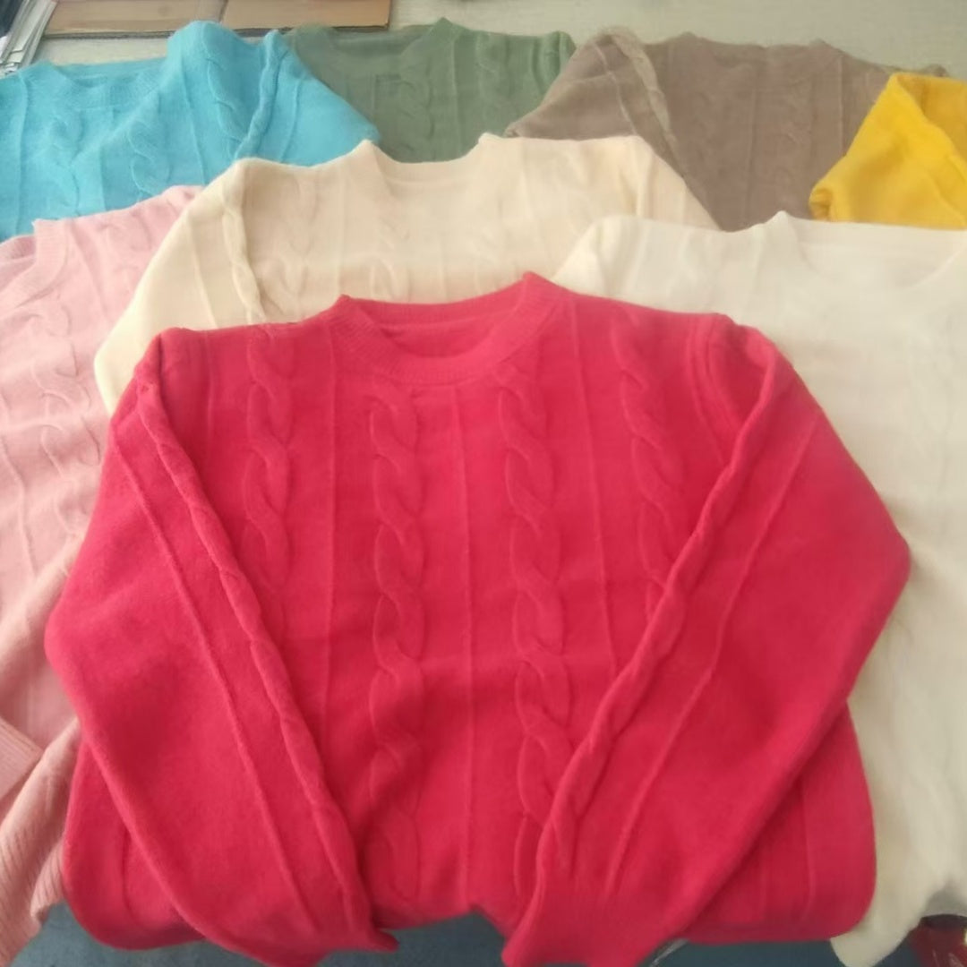 European And American Foreign Trade Women's Wear 2026 Autumn And Winter New Round Neck Solid Color Knitted Shirt Top Retro Fried Dough Twists Pullover Sweater Women