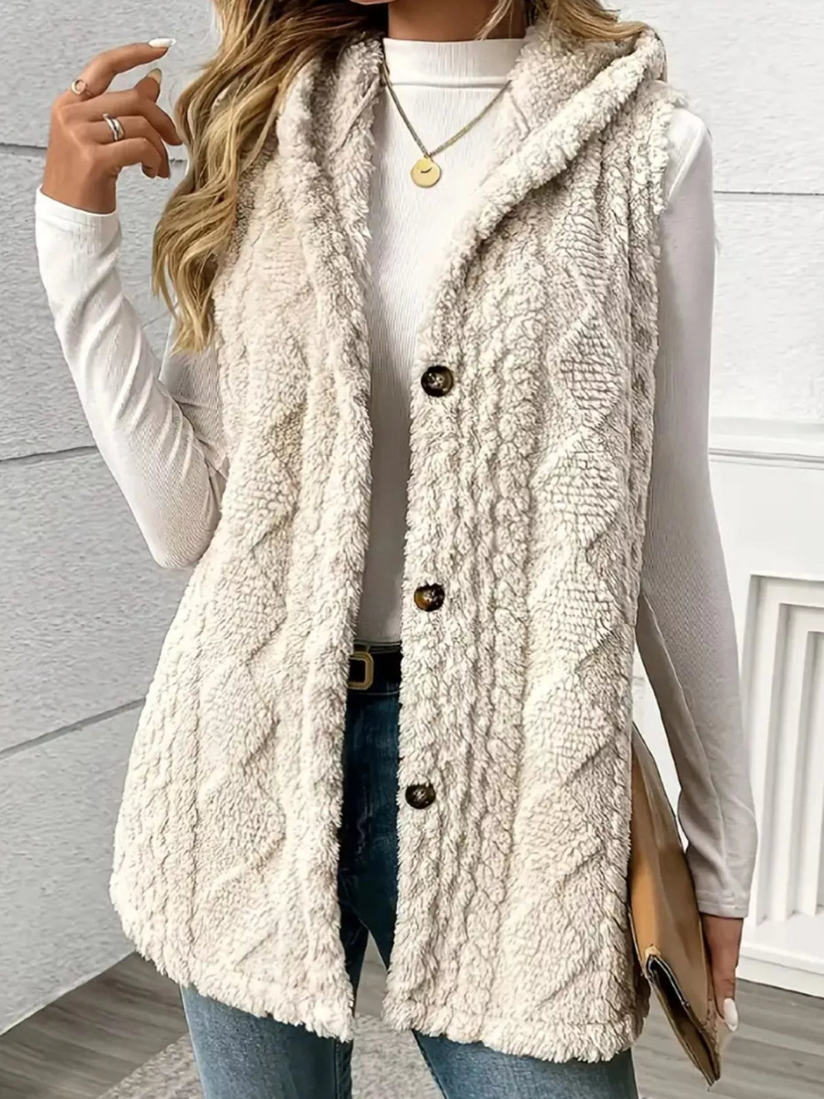 Button Up Plush Hooded Vest Coat