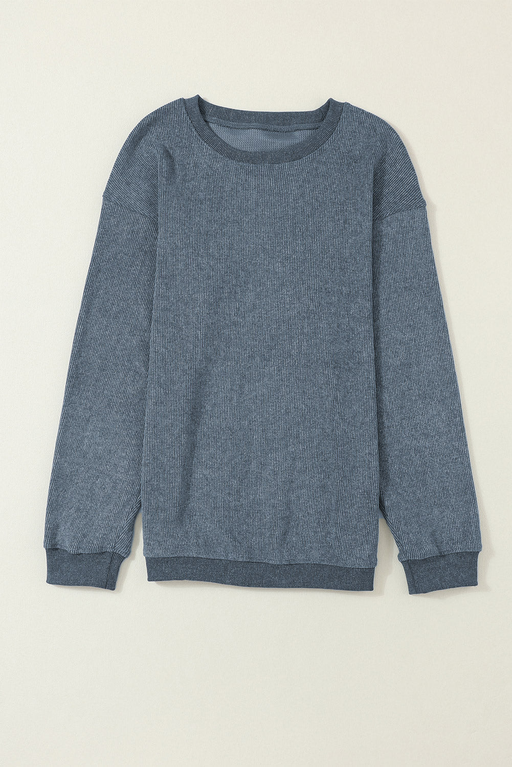 Sudadera Rosa Sólida de Punto Acanalado y Cuello Redondo