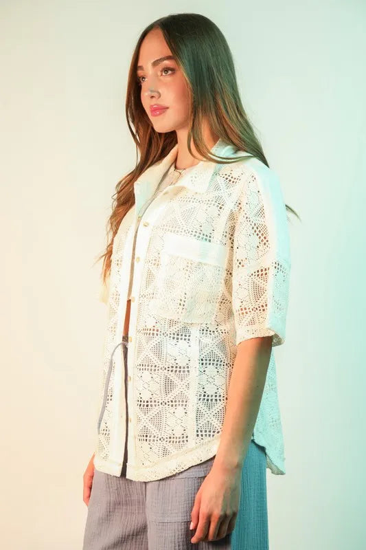 VERY J Blusa extragrande de ganchillo con botones, talla Plus. Ver tabla de tallas en "más detalles".