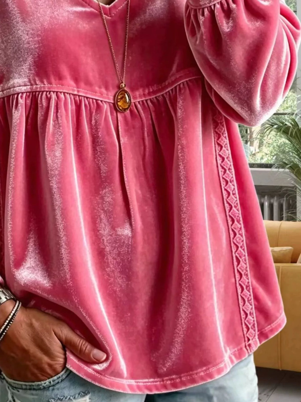 Full Size Velvet Lace Detail V-Neck Blouse Plus Size