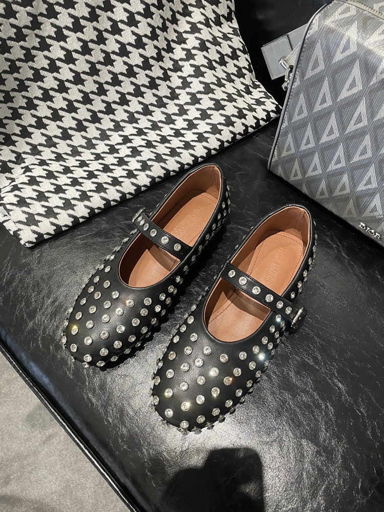 Women's Round-Toe Rhinestone Mary Jane Flats