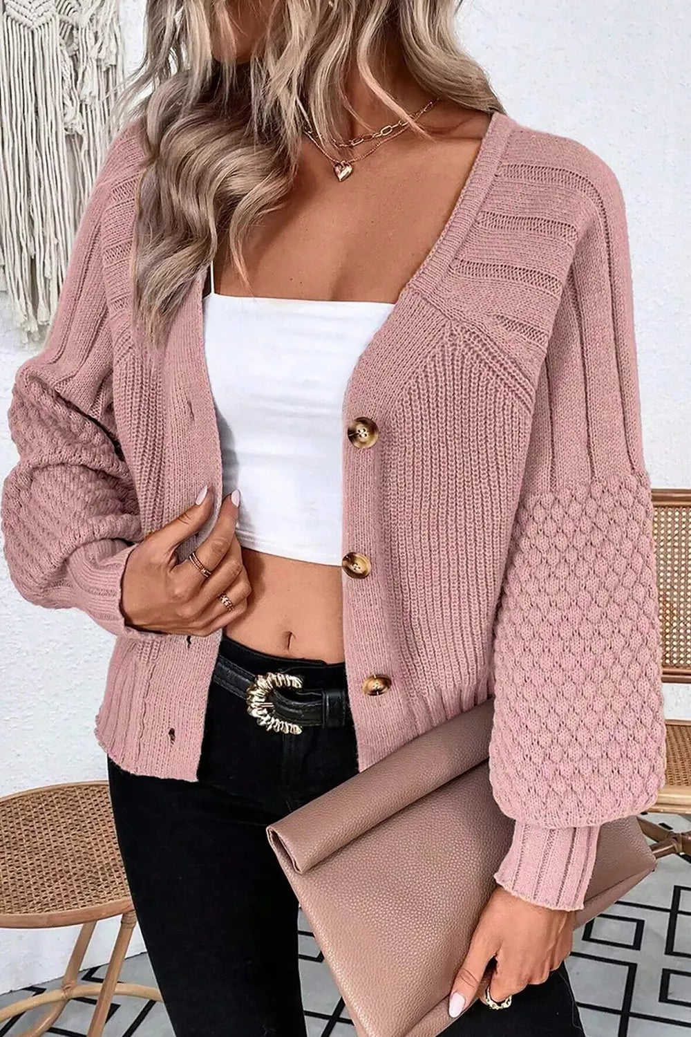 Mixed Texture Knit Button V Neck Sweater Cardigan