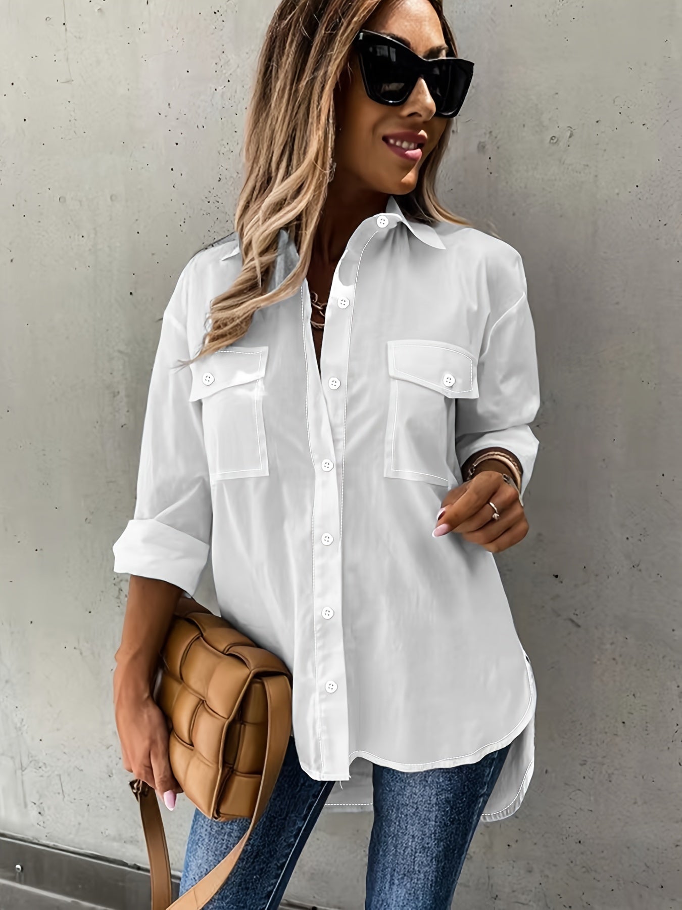 Camisa de manga larga informal para mujer con bolsillo