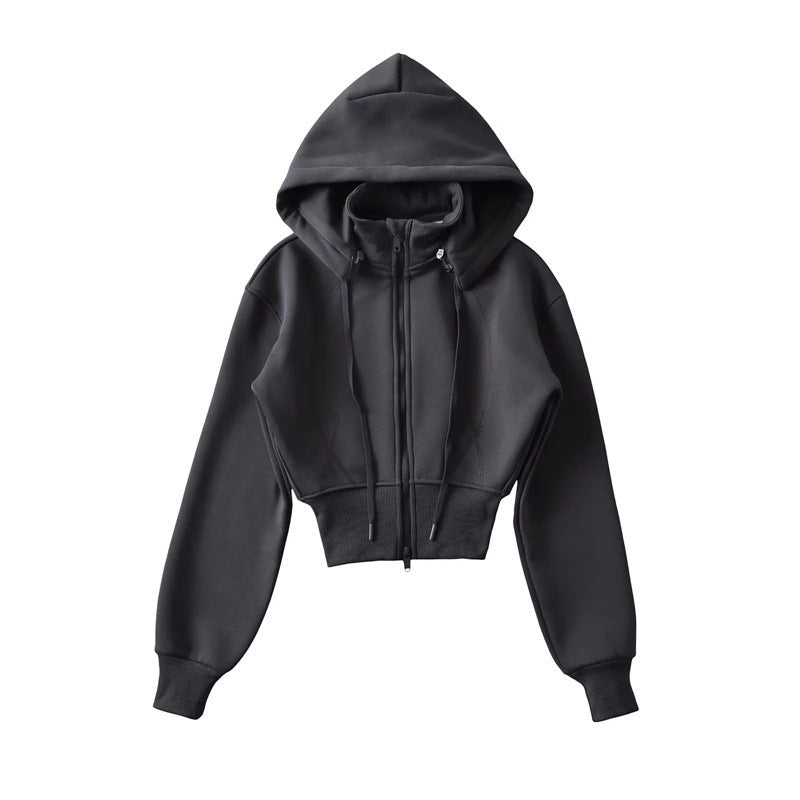 European And American Style Fleece-lined Waist Stand Collar Detachable Hooded Zipper Sweatshirt See size chart under “more details”