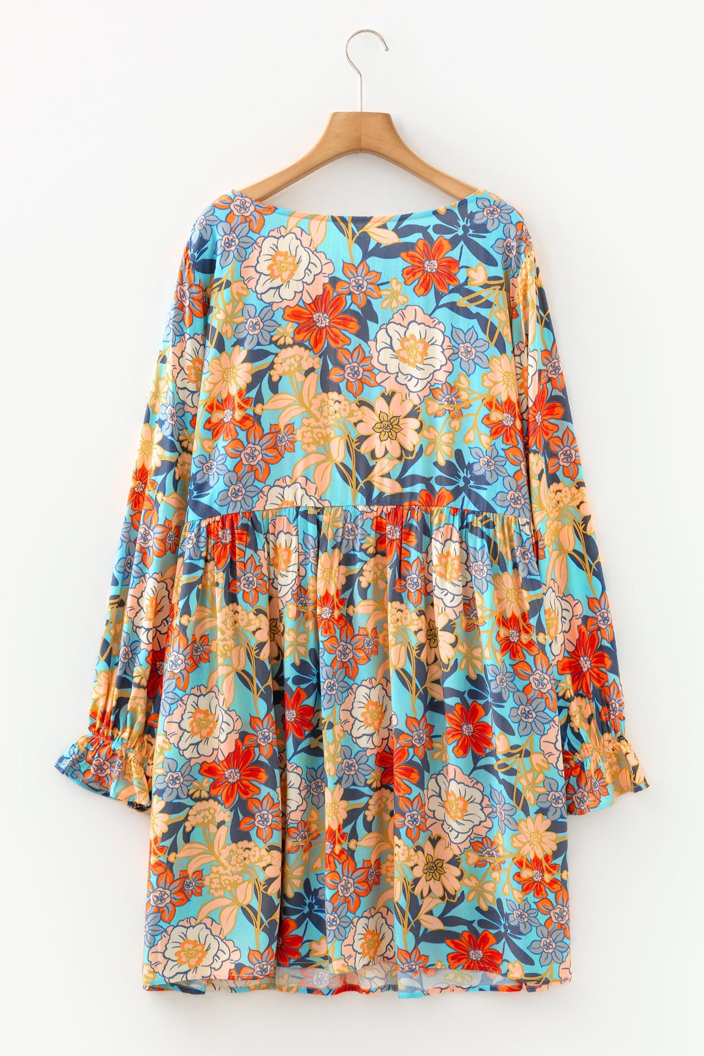 Vestido mini fluido floral con volantes y manga larga talla grande azul