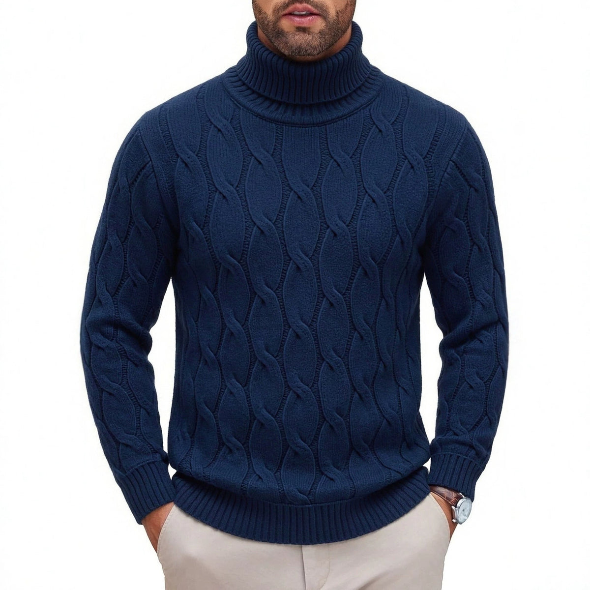 Men's Fashionable Turtleneck Sweater With Knotted Floral Design Loose Fit