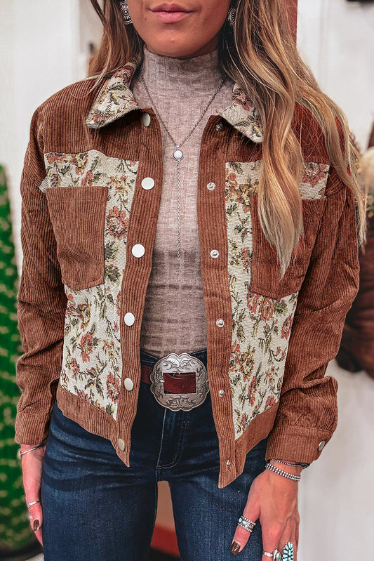 Chaqueta de retazos florales retro acanalada color arcilla