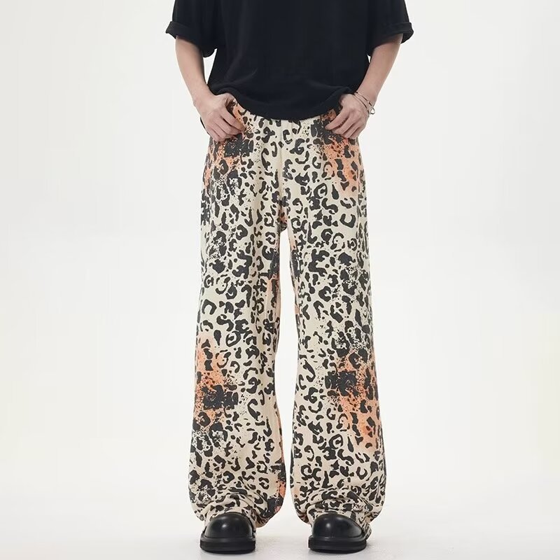 Vintage Leopard Print Jeans Straight Loose Men And Women