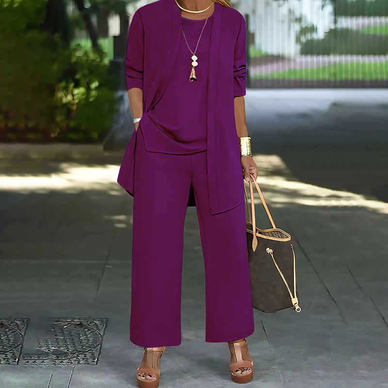 Conjunto informal de 3 piezas de talla grande para mujer, cárdigan abierto, chaleco sin mangas, pantalones, conjunto de salón de color liso