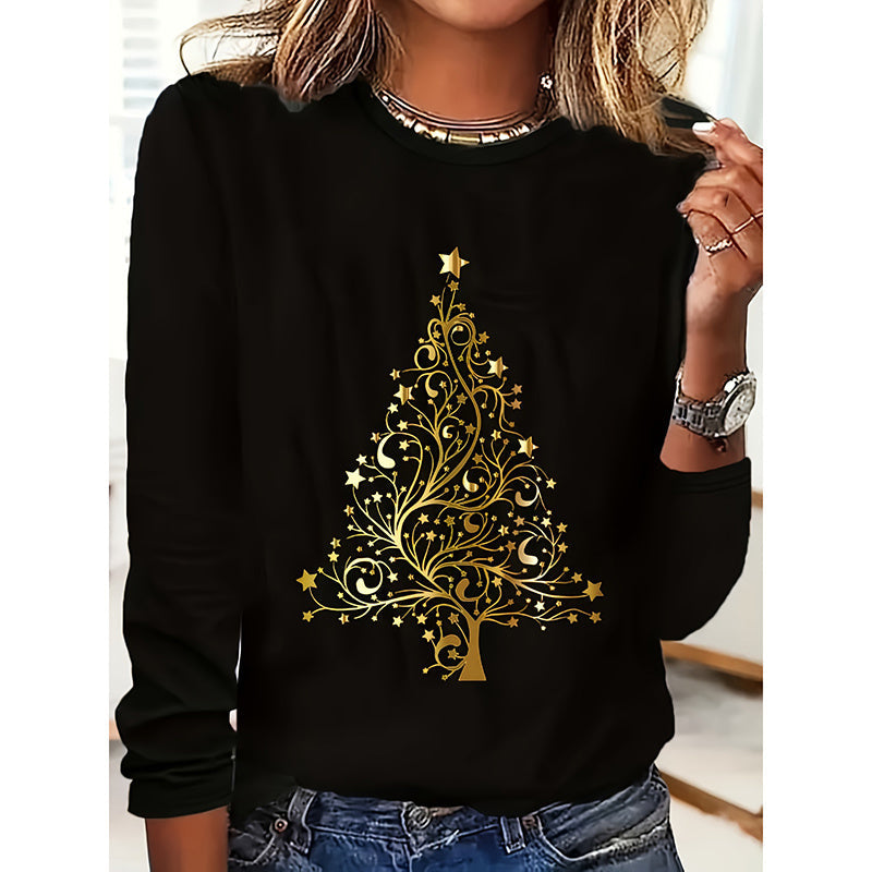 Camiseta de manga larga "Feliz Navidad" para mujer – Camiseta con gráfico de árbol de Navidad adorable