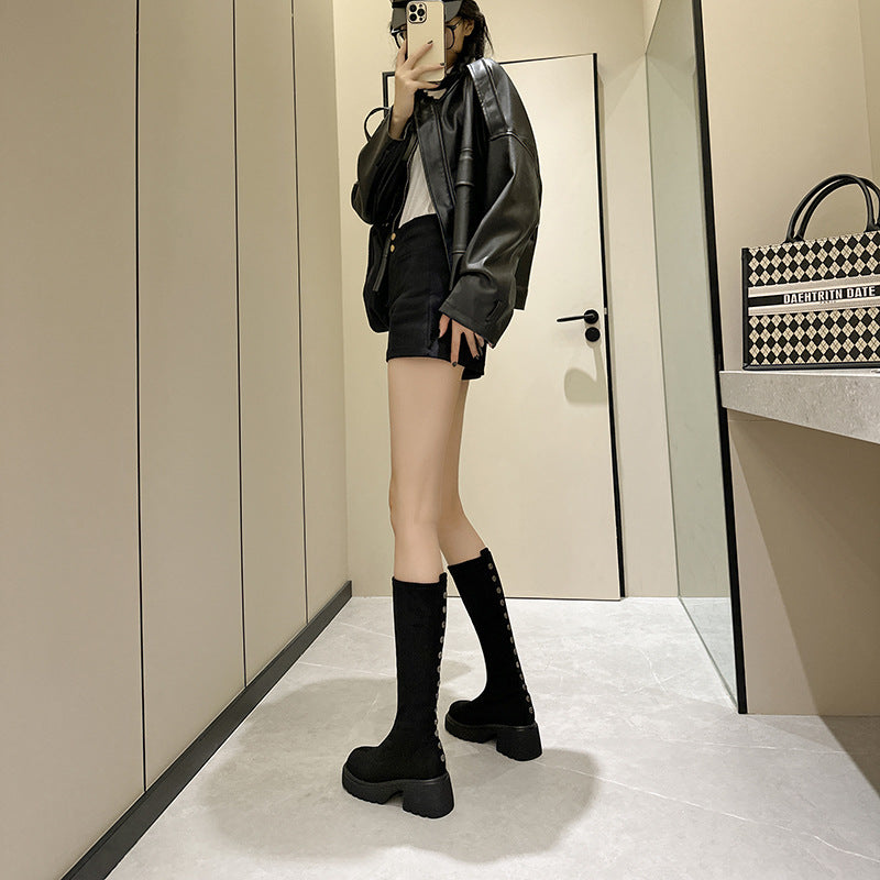 Platform Sheepskin-lined Knee-high Boots Figure-flattering And Not Quite Knee-length