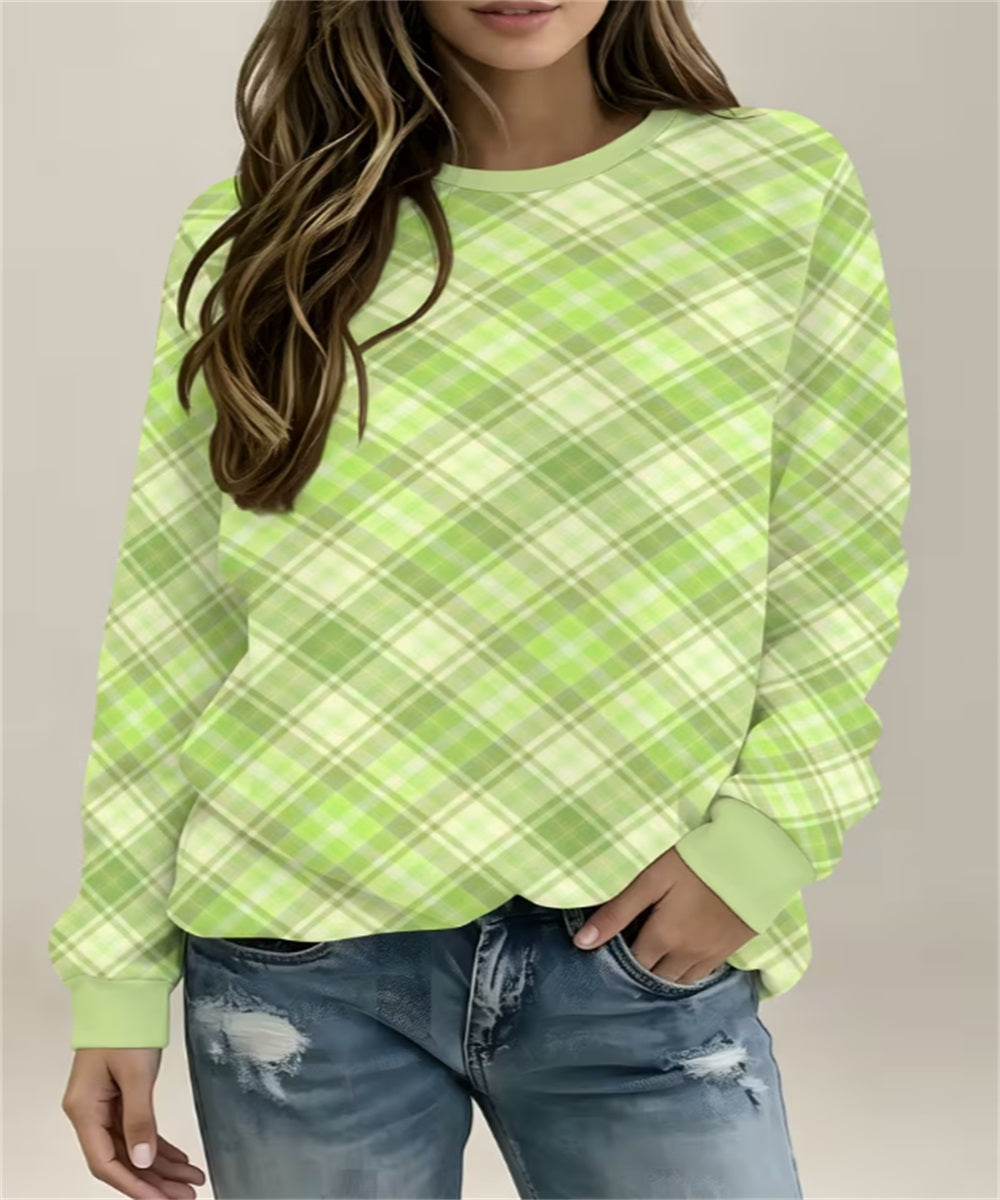 Women's Light Green Plaid Gingham Print Crew Neck Sweatshirt, Long Sleeve Casual Pullover Top