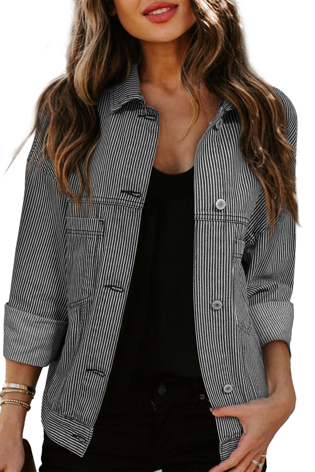 Chaqueta vaquera oversize con bolsillo, lavada a la piedra, a rayas azules