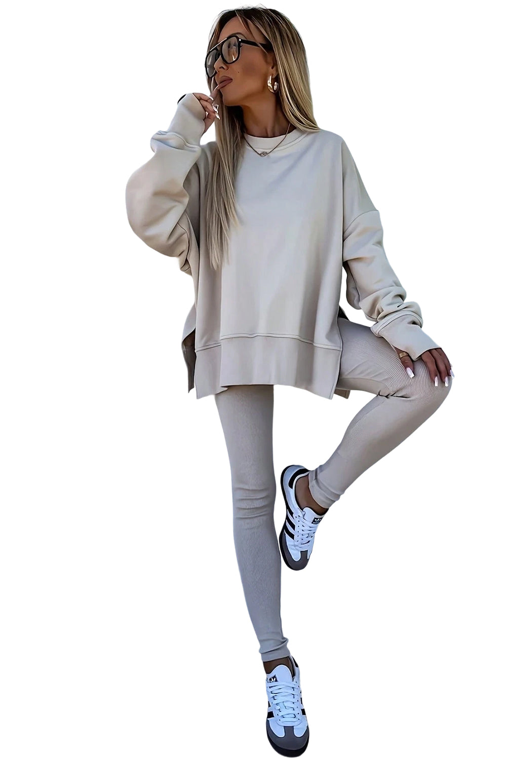 Conjunto de sudadera extragrande con abertura de color liso Jet Stream y leggings acanalados