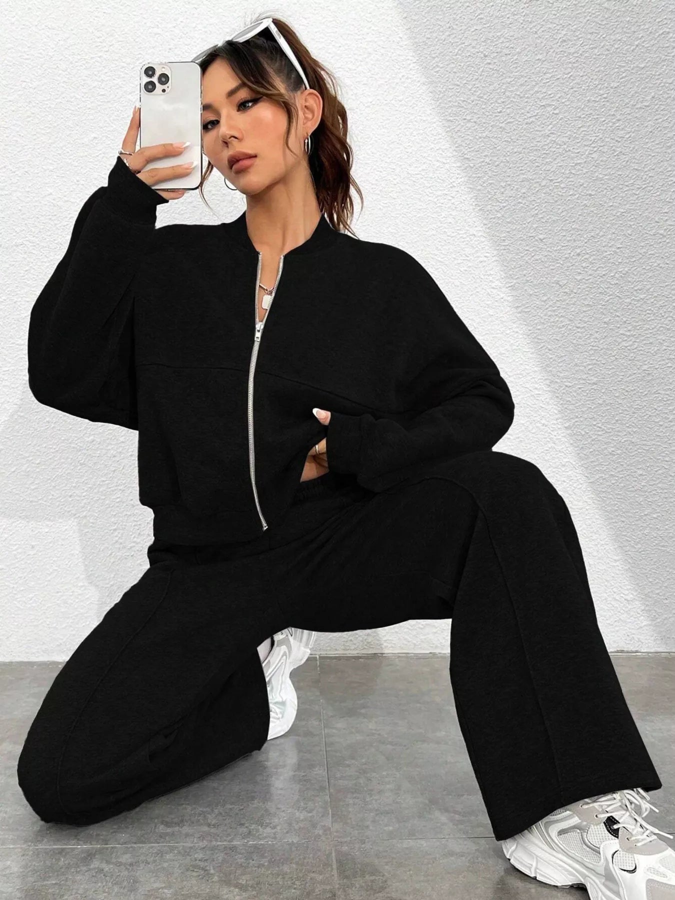 Conjunto de chaqueta con cremallera de color liso informal y pantalones de pernera ancha