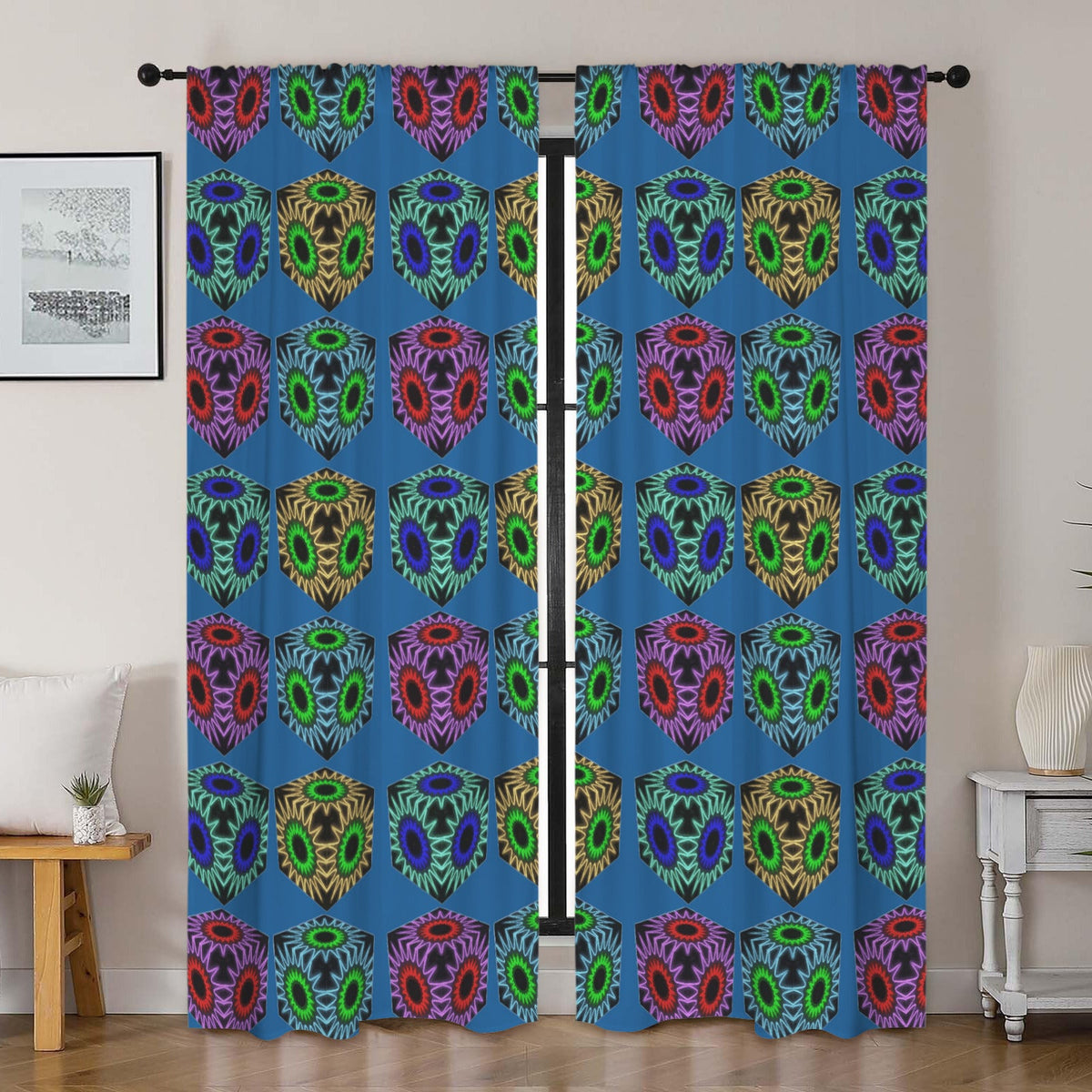 Colorful Cubes Blue Window Curtains - 5 Sizes Available