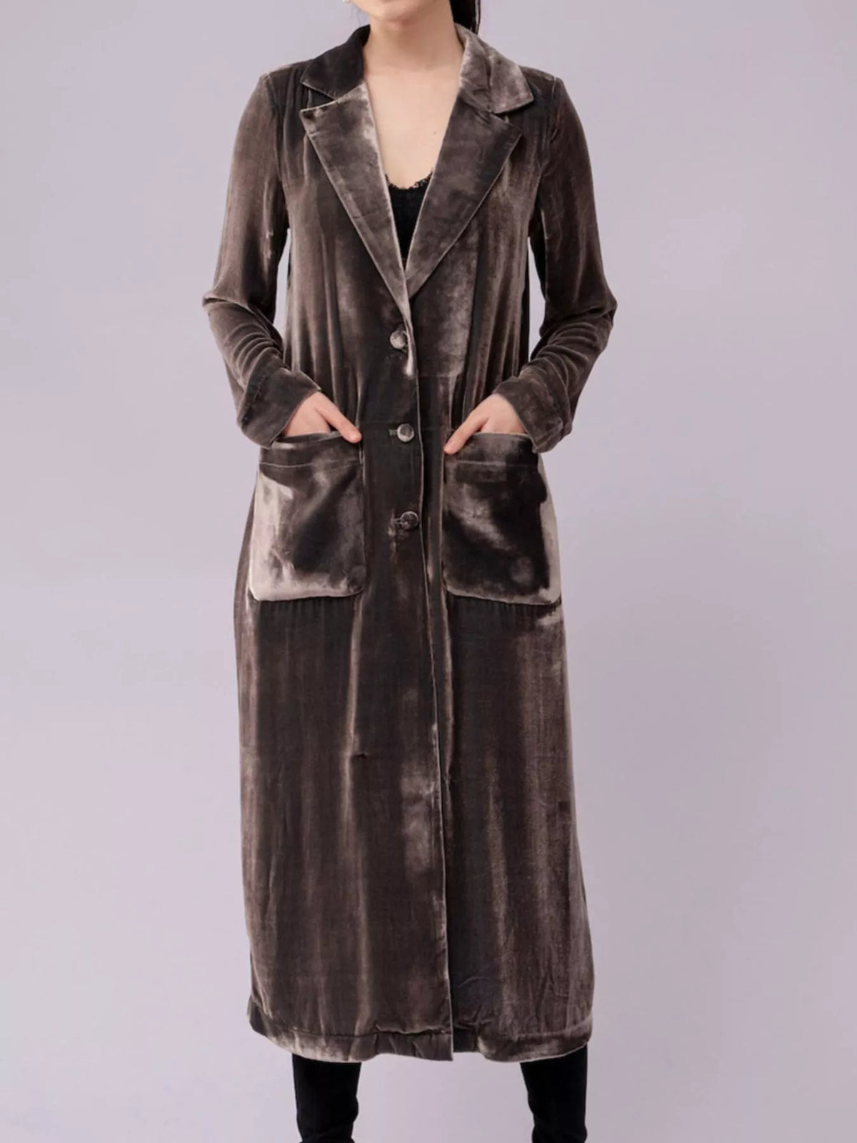 Velvet Lapel Collar Longline Coat