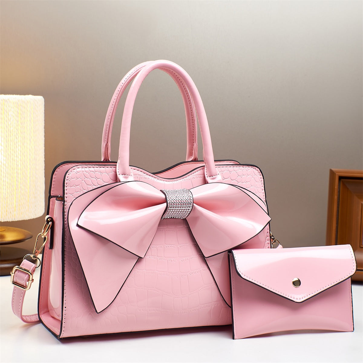 Fashionable Crocodile-Print Bow Bucket Bag Patent Leather Glossy Crossbody Bag