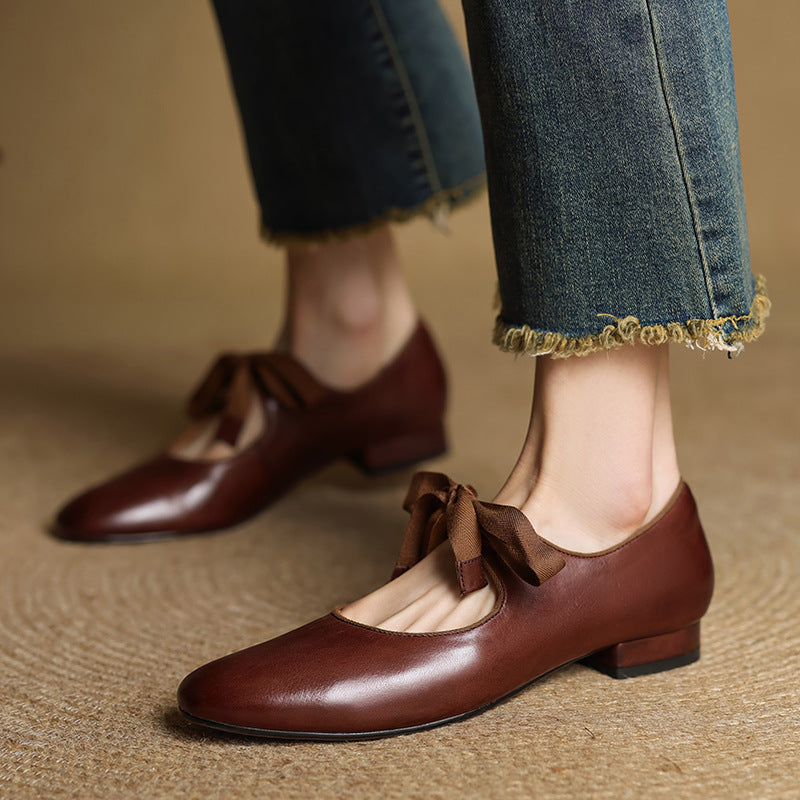 Women's French-style Vintage Low-heeled Leather Heels